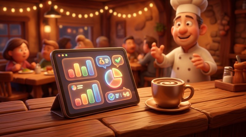 Illustration eines Tablets mit Kennzahlen-Übersicht eines Restaurants auf einem Holztresen, daneben eine Tasse Kaffee