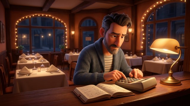 Illustration d'un restaurateur analysant ses chiffres sur un carnet, calculatrice posée sur le comptoir de son restaurant