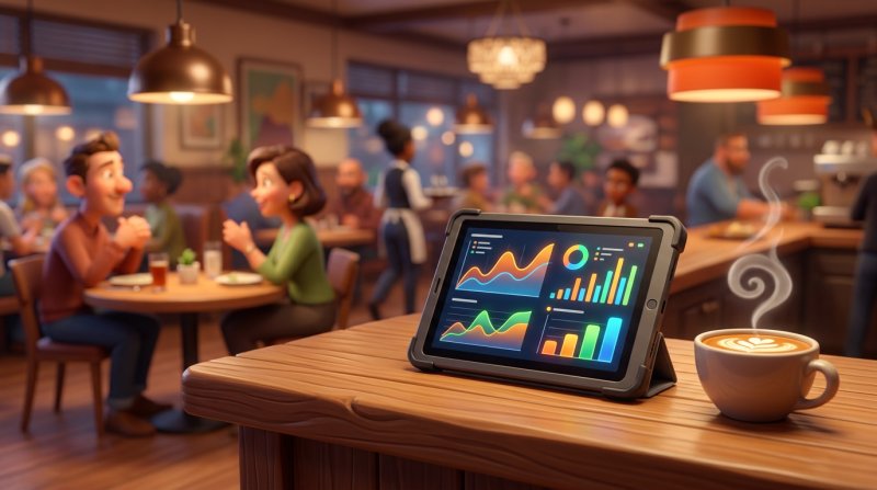 Tableau de bord des indicateurs d'un restaurant affiché sur une tablette posée sur un comptoir en bois