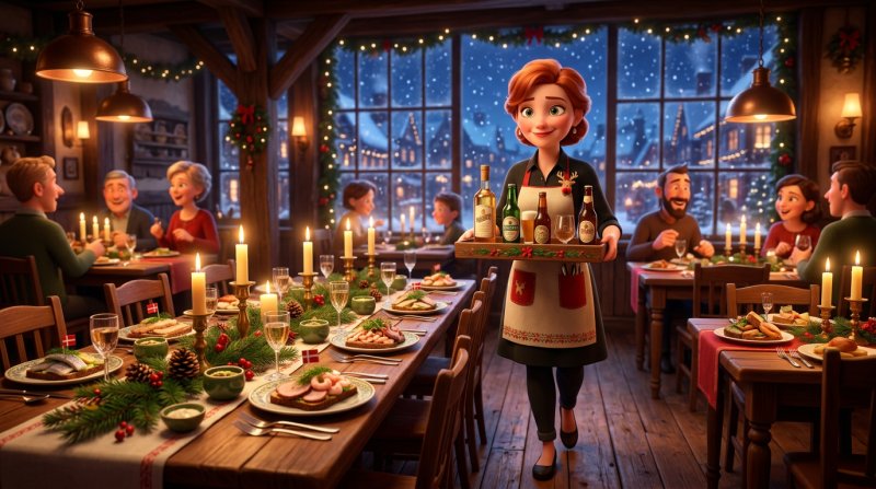 Festligt dækket julefrokostbord i en dansk restaurant med tjener i forgrunden og snevejr uden for vinduerne