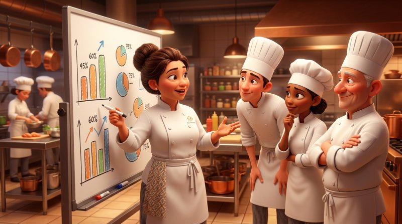 Restaurantchef der gennemgår ugens nøgletal med enkle diagrammer på en whiteboard for sit køkkenteam