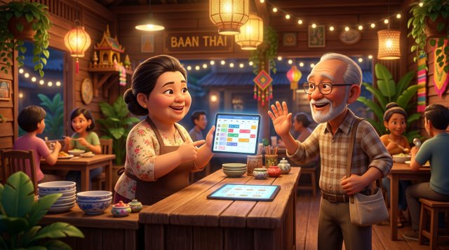 เจ้าของร้านอาหารไทยยืนหลังเคาน์เตอร์ ทักทายลูกค้าประจำที่เดินเข้าร้าน พร้อมแท็บเล็ตแสดงปฏิทินการจองที่มีรายชื่อลูกค้าที่กลับมาซ้ำ