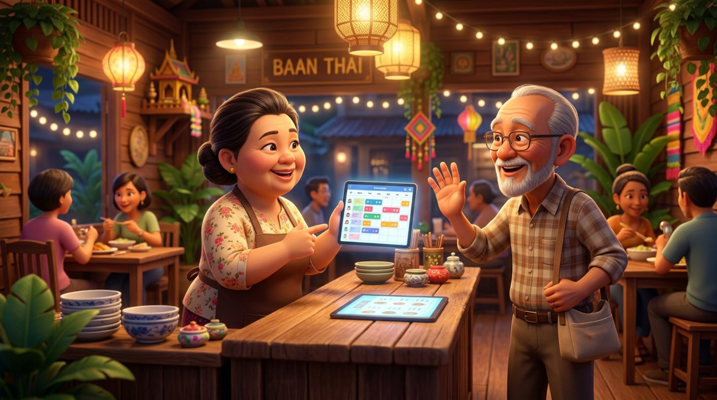 เจ้าของร้านอาหารไทยยืนหลังเคาน์เตอร์ ทักทายลูกค้าประจำที่เดินเข้าร้าน พร้อมแท็บเล็ตแสดงปฏิทินการจองที่มีรายชื่อลูกค้าที่กลับมาซ้ำ