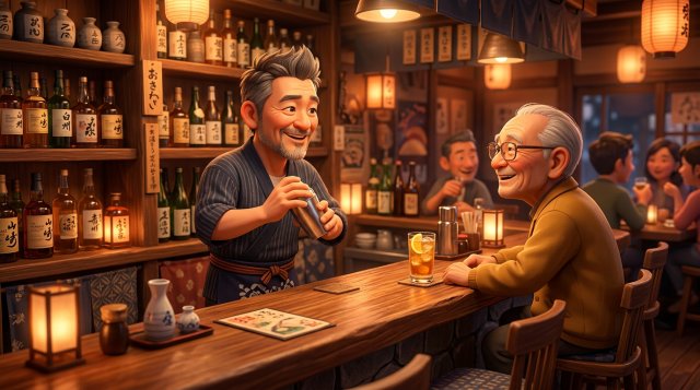 小さなカウンター席で常連客を笑顔で迎え、いつもの一杯を用意するバーテンダーのイラスト