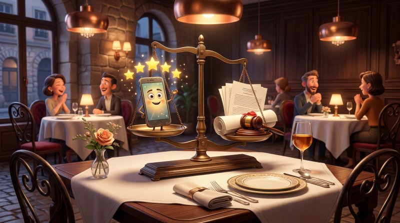 Balance de justice posée sur une table de restaurant, entre un smartphone affichant des avis étoilés et des documents juridiques