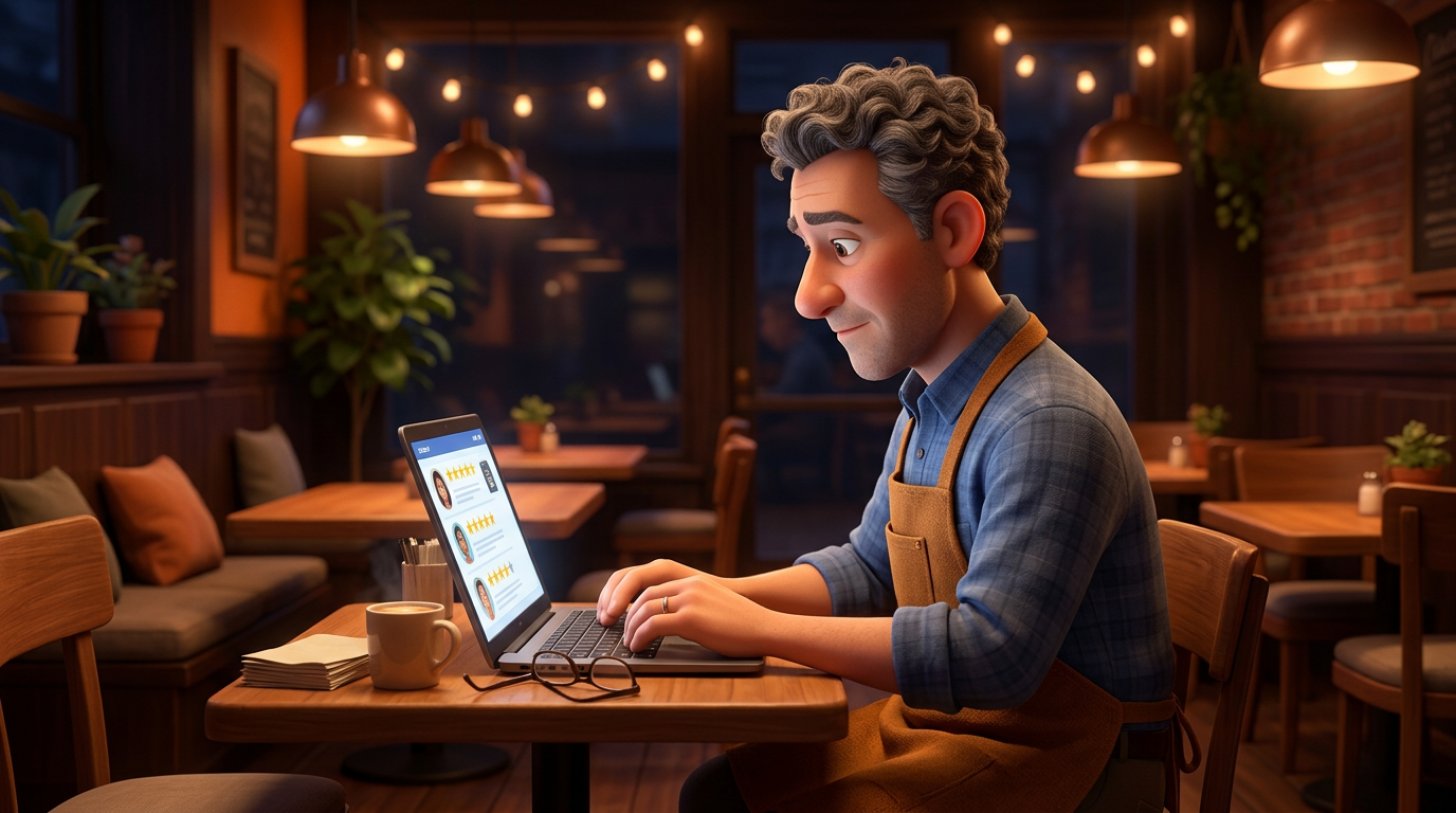 Illustration d'un restaurateur concentré devant son ordinateur portable, rédigeant une réponse à un avis client dans sa salle de restaurant