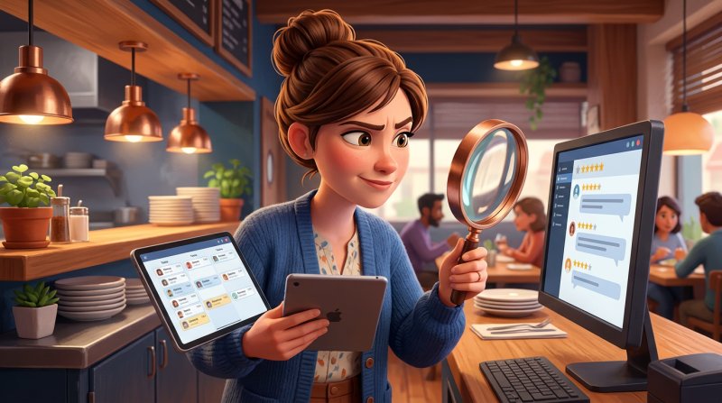 Restauratrice comparant un avis client suspect avec le planning de réservations sur sa tablette, une loupe survolant l'écran