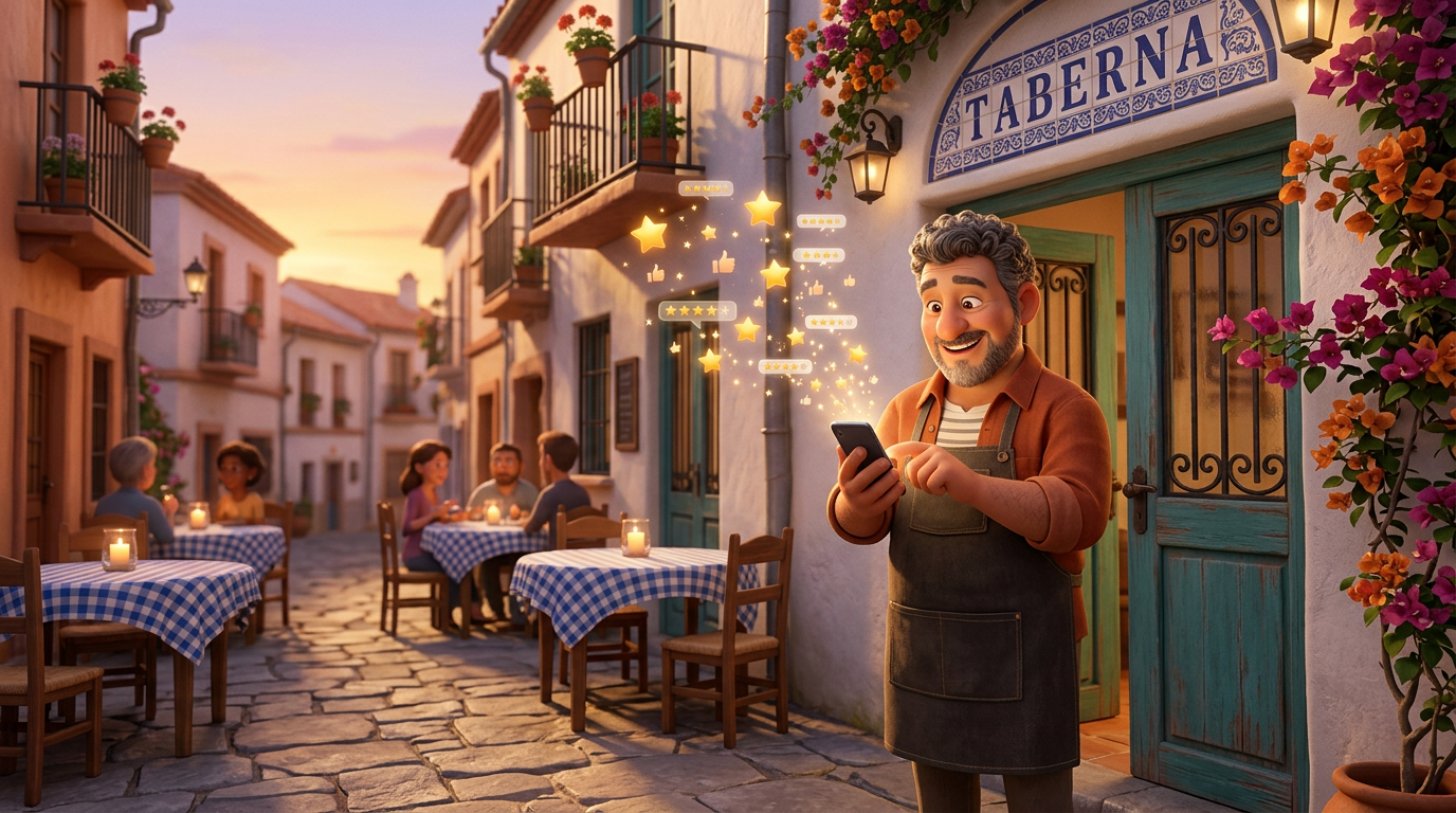 Ilustración de un restaurador sonriente delante de su local mirando estrellas de reseñas de clientes en su teléfono