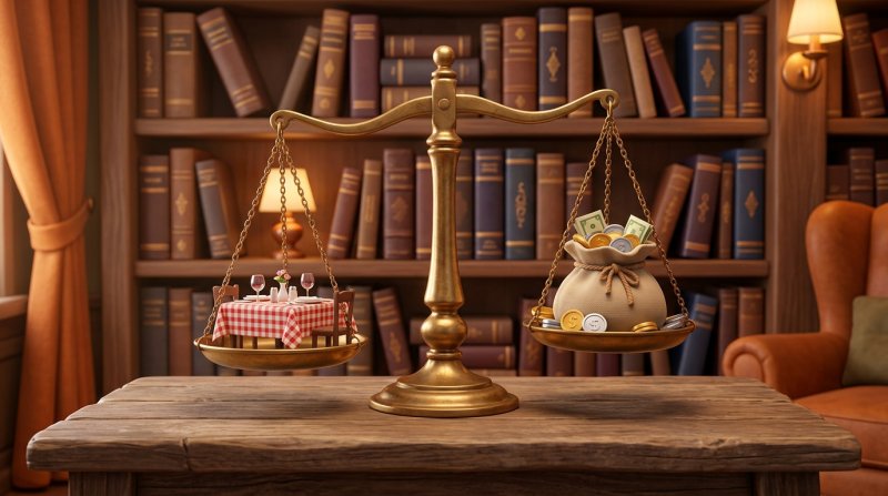 Balança antiga equilibrando uma mesa de restaurante em miniatura e um saco de moedas, diante de uma estante de livros jurídicos