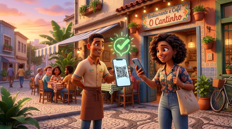 Cliente pagando a reserva pelo celular na porta de um restaurante de bairro, escaneando um QR code apresentado pelo garçom