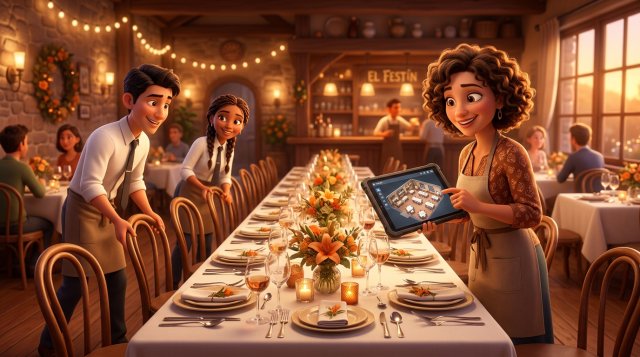Ilustración de una larga mesa de grupo preparada en un restaurante mientras la encargada revisa el plano de sala en una tablet