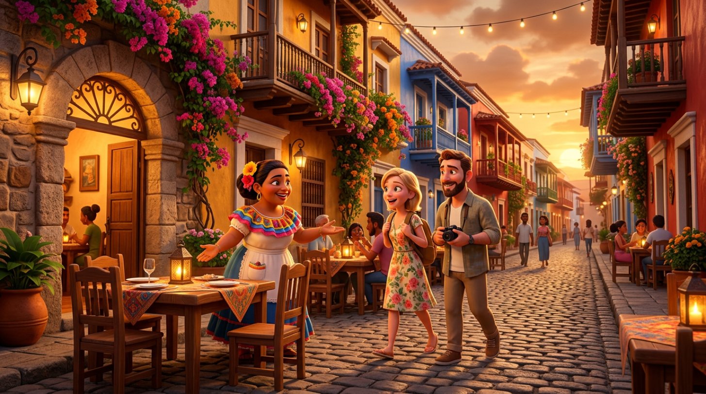 Anfitriona colombiana da la bienvenida a una pareja de turistas en la terraza de un restaurante del centro histórico de Cartagena, entre balcones coloniales con buganvillas al atardecer