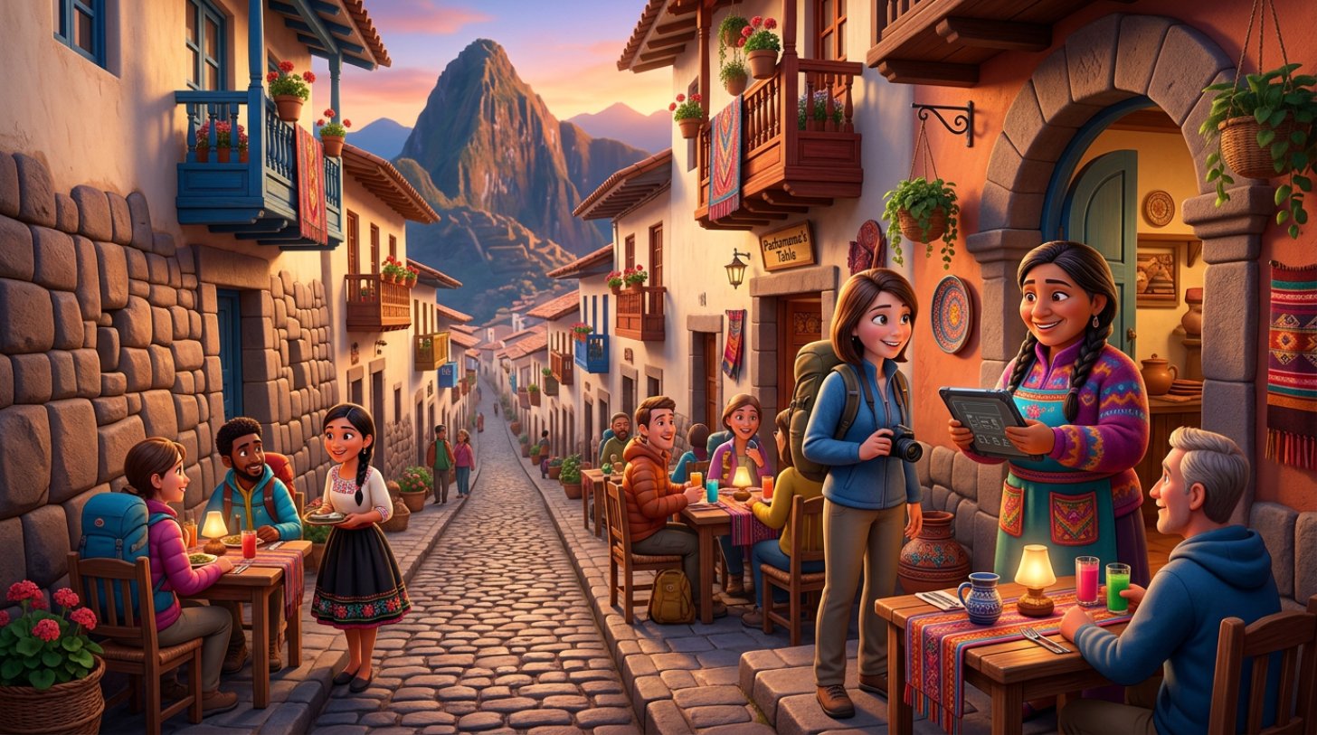 Dueño de un restaurante en una calle de piedra de Cusco revisa las reservas en una tableta mientras turistas extranjeros se sientan en la terraza, con los Andes al fondo