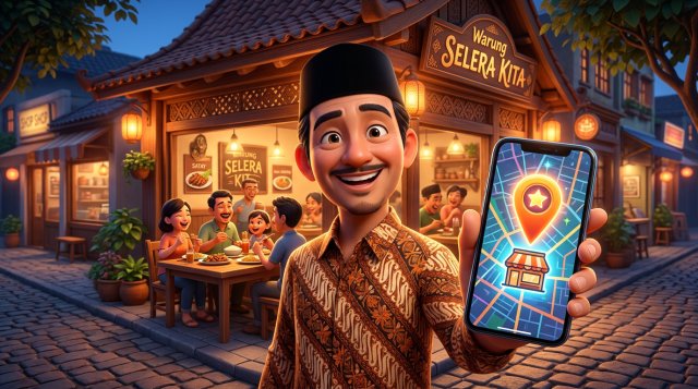 Ilustrasi 3D pemilik restoran tersenyum memegang smartphone yang menampilkan peta dengan pin lokasi restorannya