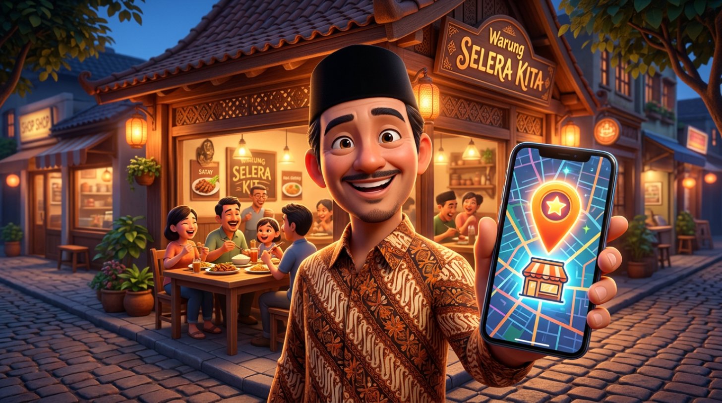 Ilustrasi 3D pemilik restoran tersenyum memegang smartphone yang menampilkan peta dengan pin lokasi restorannya