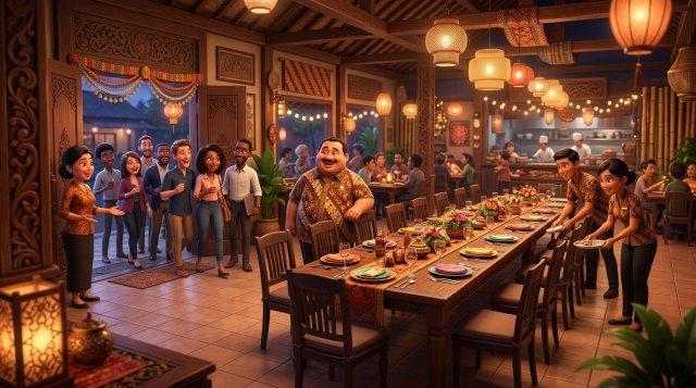 Ilustrasi 3D pemilik restoran berdiri di samping meja panjang yang ditata untuk rombongan besar, sementara staf merapikan kursi dan seorang resepsionis menyambut rombongan tamu yang baru tiba