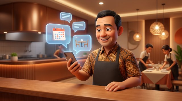 Ilustrasi 3D pemilik restoran Indonesia memegang ponsel dengan gelembung chat berisi ikon kalender dan meja di depan konter restoran yang hangat