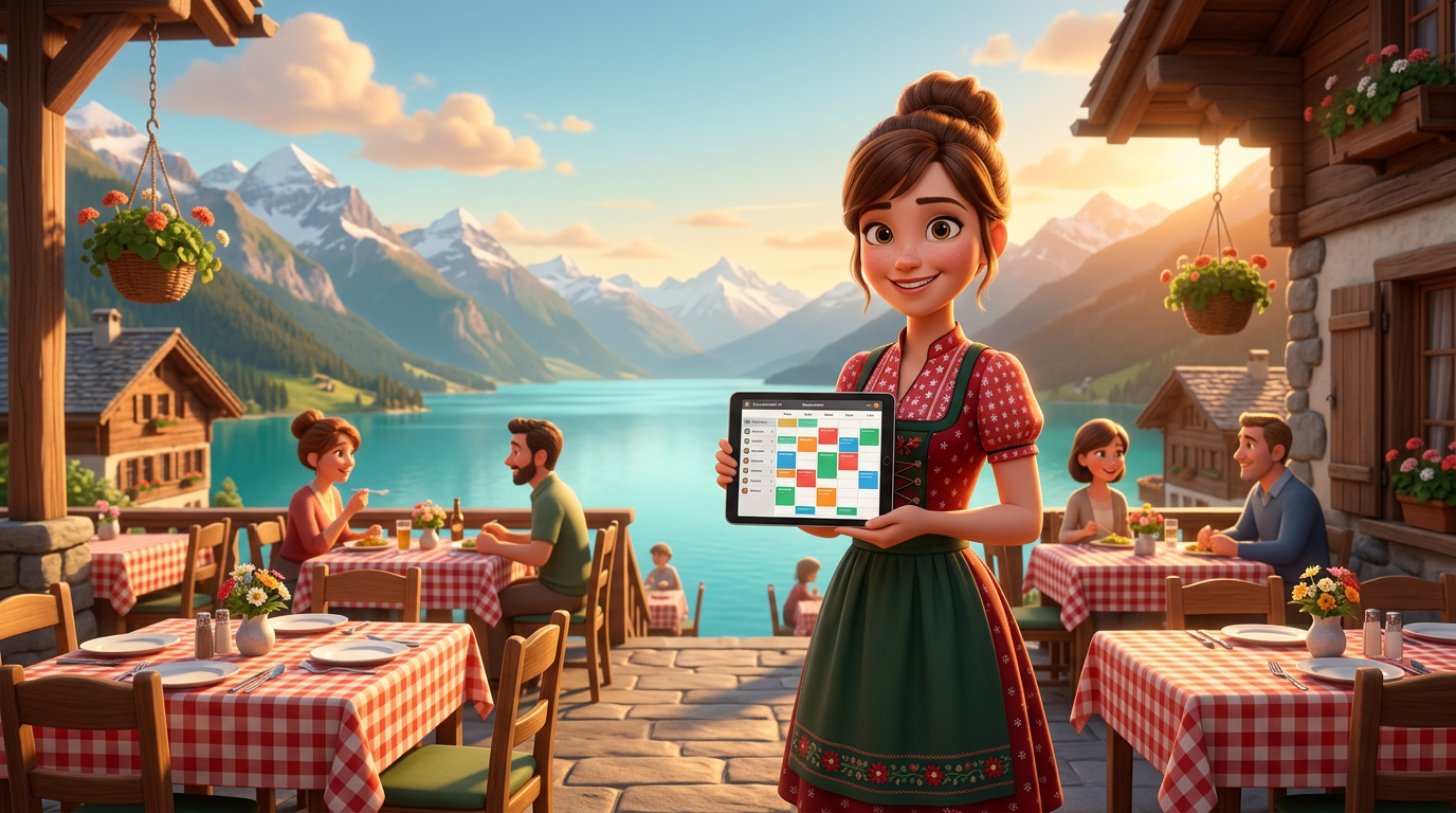 Gastgeberin auf der Terrasse eines Schweizer Restaurants am See, im Hintergrund Berge, mit einem Tablet voller Reservationen in der Hand