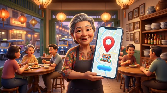 เจ้าของร้านอาหารไทยยิ้มถือสมาร์ตโฟนที่แสดงแผนที่เมืองพร้อมหมุดสีแดงและปุ่มสีฟ้าเรืองแสง ลูกค้านั่งทานอาหารในร้านตึกแถวบรรยากาศอบอุ่นด้านหลัง