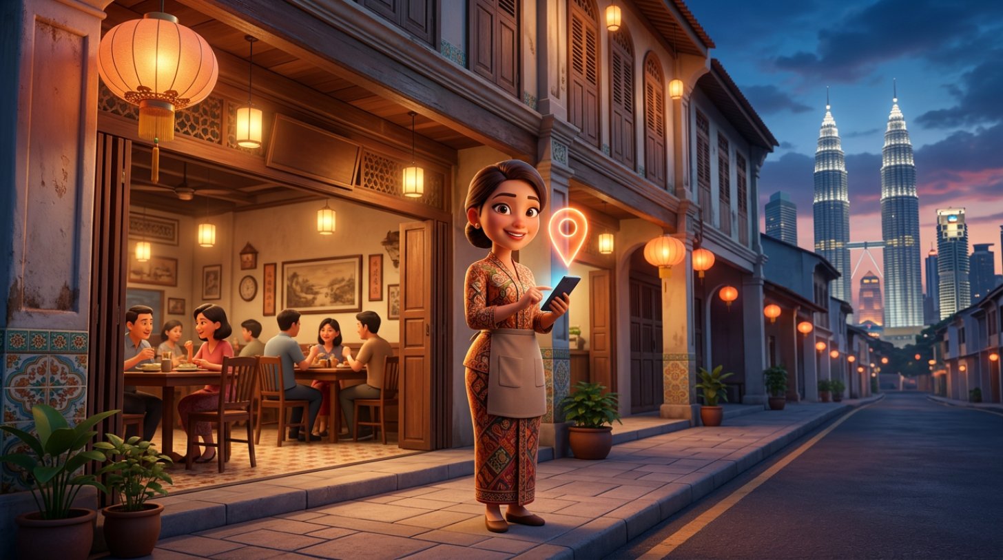 Malaysian restaurant owner outside her shophouse restaurant at dusk, smiling at a smartphone with a glowing map pin above it, the Kuala Lumpur skyline in the background