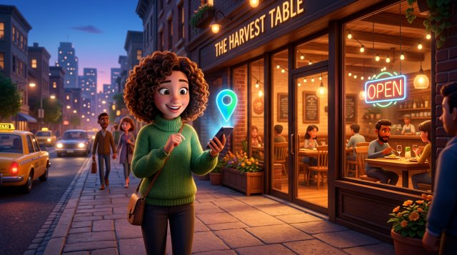 Smiling diner on a city sidewalk at dusk booking a restaurant table on her smartphone, a glowing map pin floating above the screen