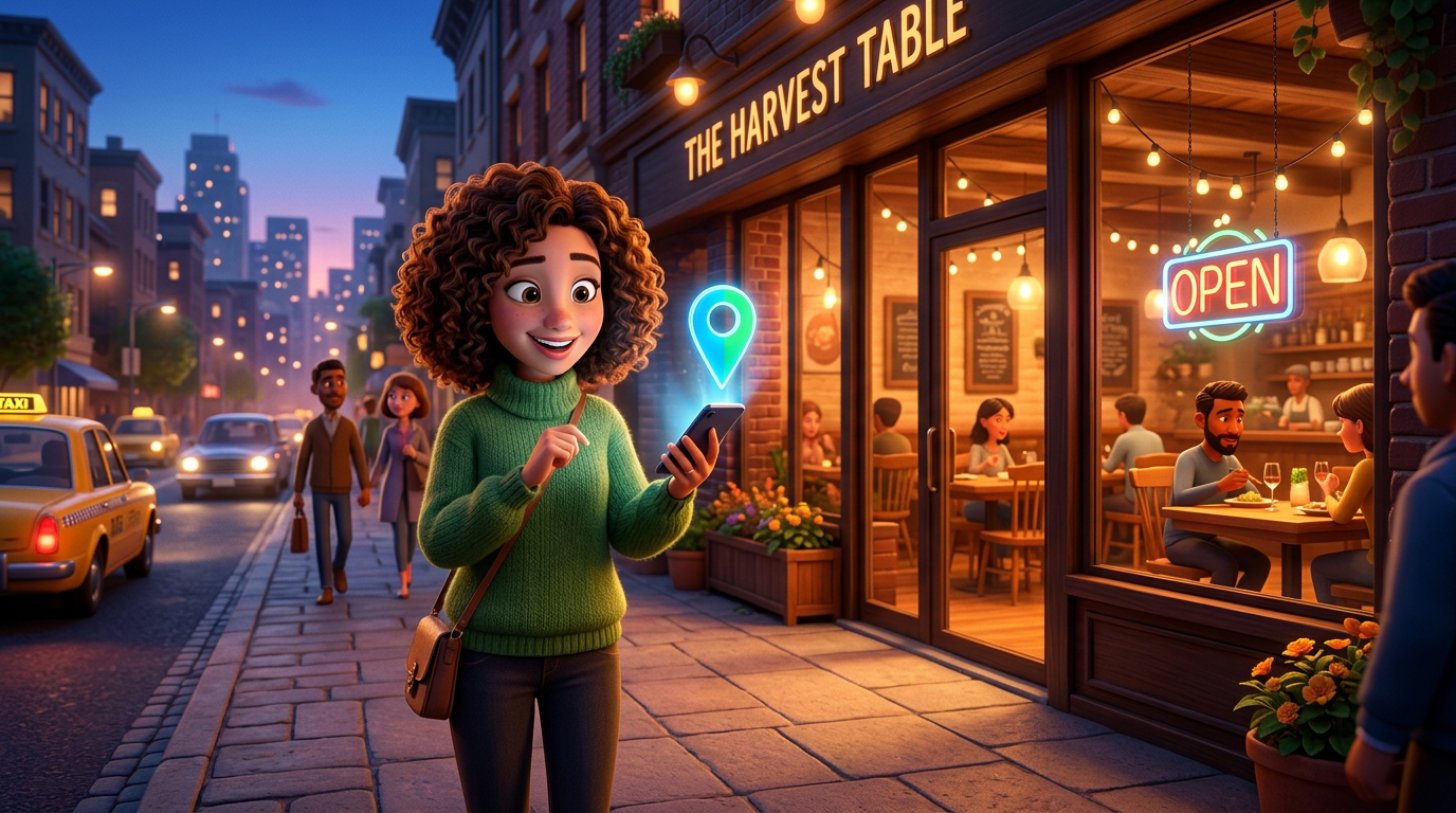 Smiling diner on a city sidewalk at dusk booking a restaurant table on her smartphone, a glowing map pin floating above the screen
