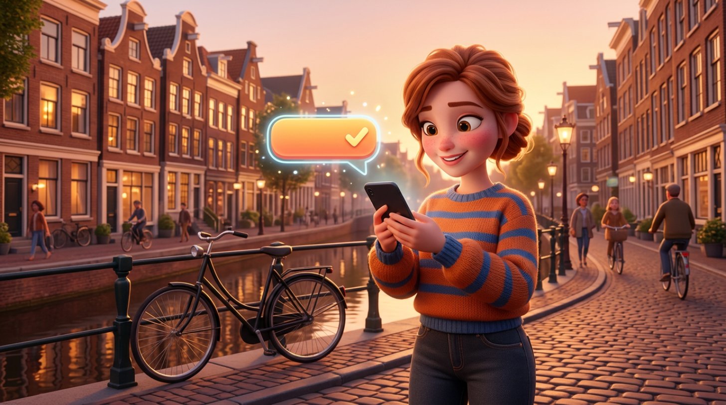 Gast reserveert op straat een restauranttafel via zijn smartphone, met een oplichtende reserveerknop boven het scherm