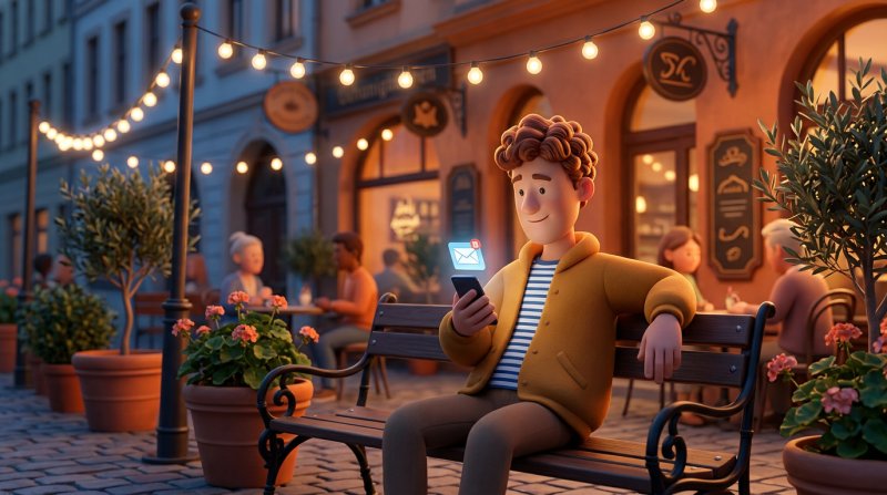 Gast liest am frühen Abend in einem Wiener Schanigarten eine Erinnerungs-E-Mail zu seiner Reservierung auf dem Smartphone