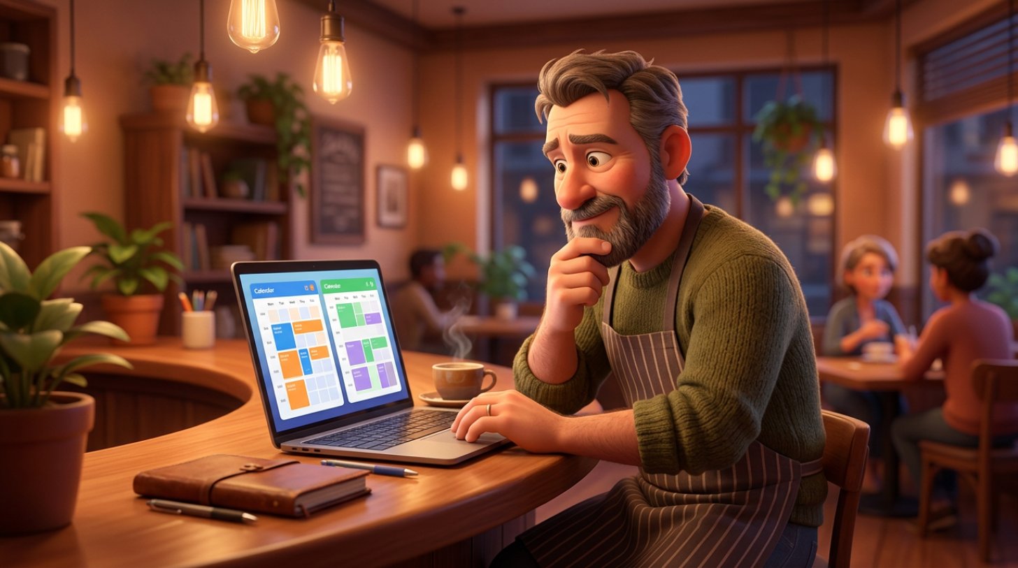 Étteremtulajdonos laptopon két asztalfoglalási rendszer felületét hasonlítja össze egy kávézó pultjánál