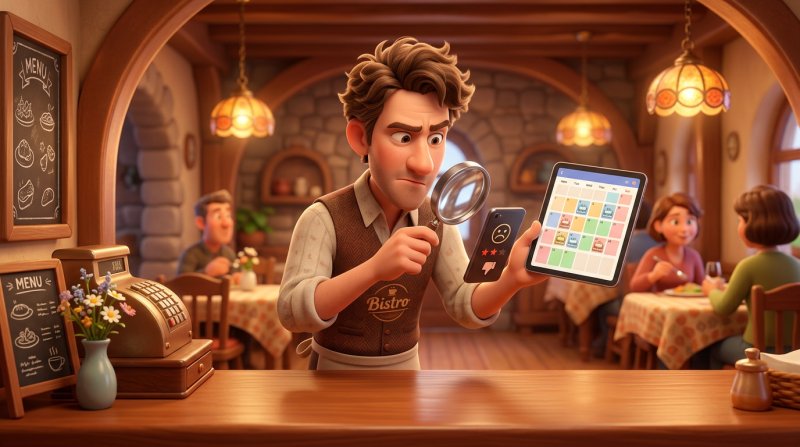 Restaurant owner comparing a suspicious one-star review on a phone with the reservation calendar on a tablet, a magnifying glass hovering over the screen