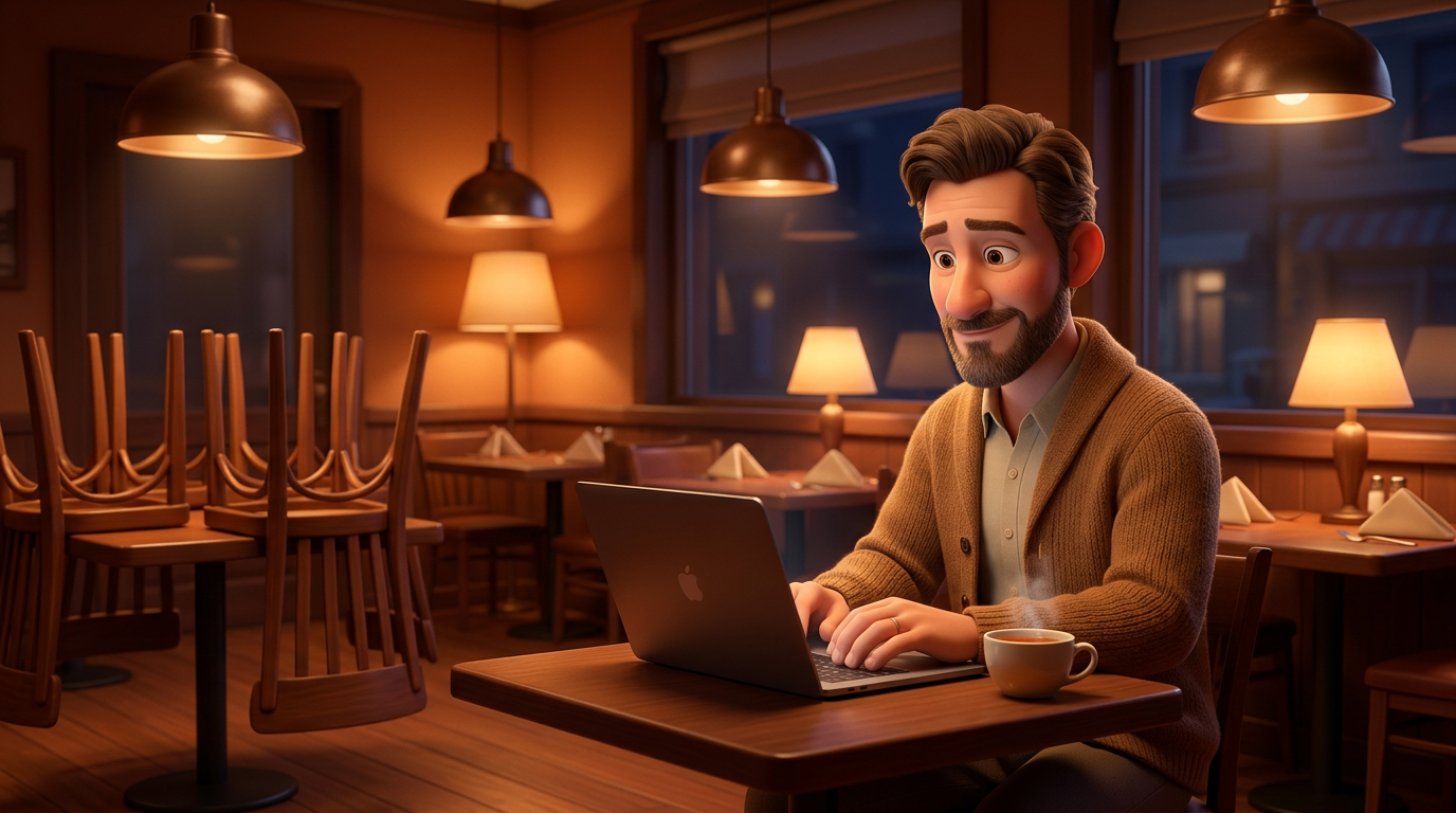 Illustration of a restaurant owner typing a calm reply on a laptop in his empty dining room late at night