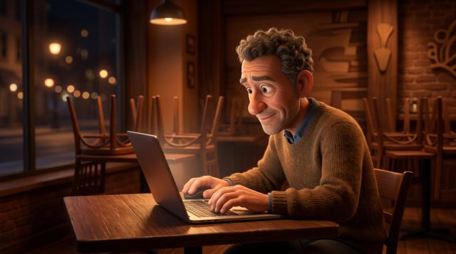 Ilustração de um restaurador concentrado à frente do computador, a redigir de noite a resposta a uma avaliação na sala vazia do seu restaurante