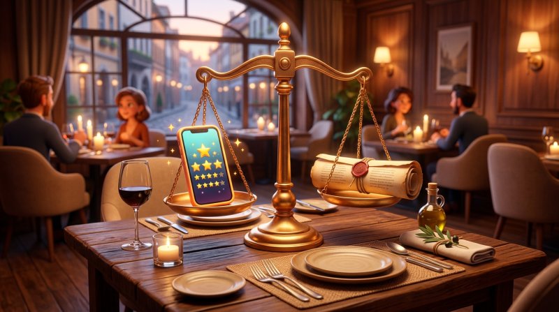 Balança da justiça pousada numa mesa de restaurante, entre um smartphone com avaliações de estrelas e documentos jurídicos