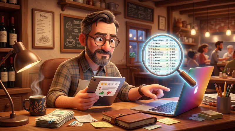 Restaurador comparando en una tableta una reseña sospechosa con la lista de reservas de su libro digital, con una lupa sobre la pantalla