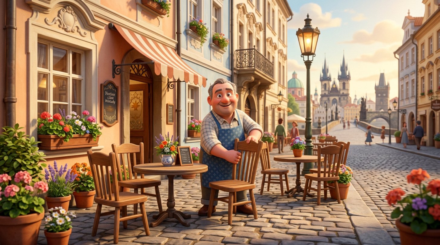Restauratér rovná dřevěné židle a stolky s květinami na dlážděném chodníku před pražskou restaurací