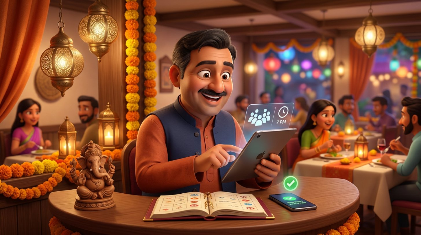 Indian restaurant owner at the host desk confirming a large group booking on a tablet, with a payment confirmation on a smartphone beside the reservation diary
