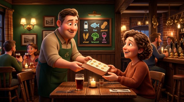 Illustration of a waiter in a British pub-style dining room handing a menu folder to a seated customer, with a wall board of food allergen pictograms behind them
