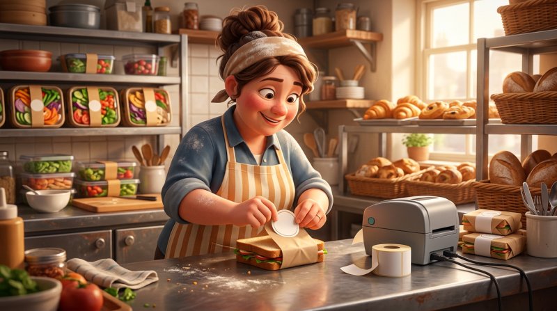 Baker in a small cafe kitchen applying a printed ingredients label to a wrapped sandwich, with boxed salads and baked goods on the shelves behind