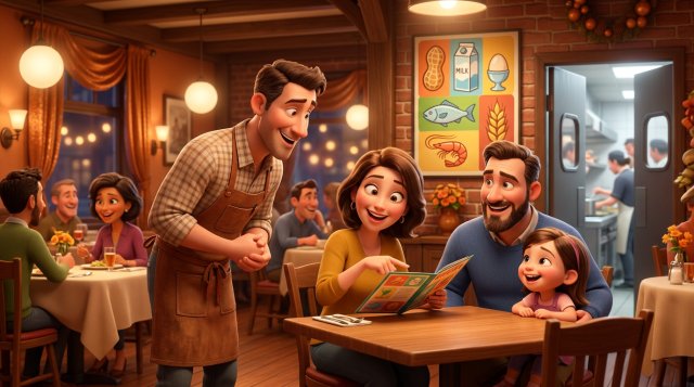 Illustration of a server talking with a family at a restaurant table while pointing at the menu, a wall poster with food icons visible near the kitchen door
