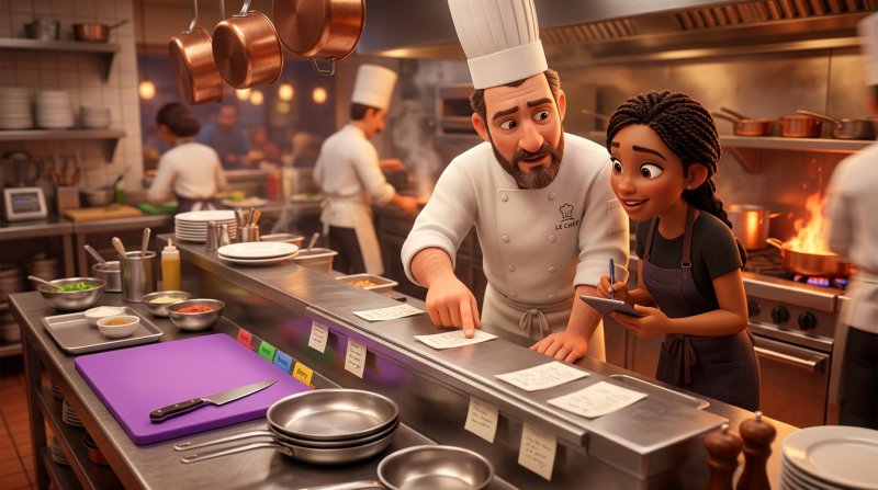 A chef and a server reviewing an order ticket together at the kitchen pass, with a dedicated purple cutting board and separate pans on a clean prep station