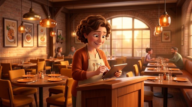 Illustration of a restaurant owner sending a booking confirmation from a tablet at the host stand of her dining room