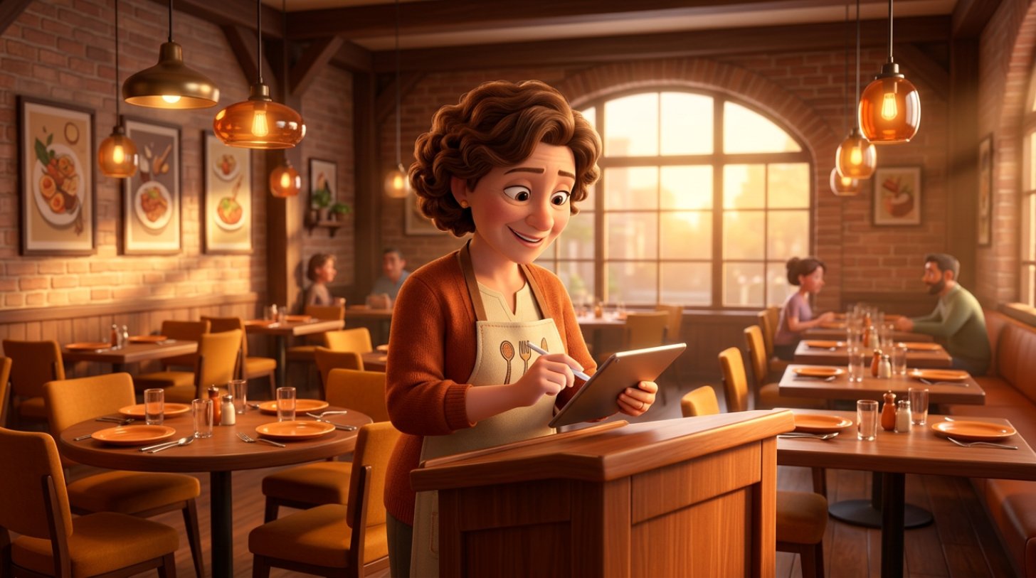 Illustration of a restaurant owner sending a booking confirmation from a tablet at the host stand of her dining room