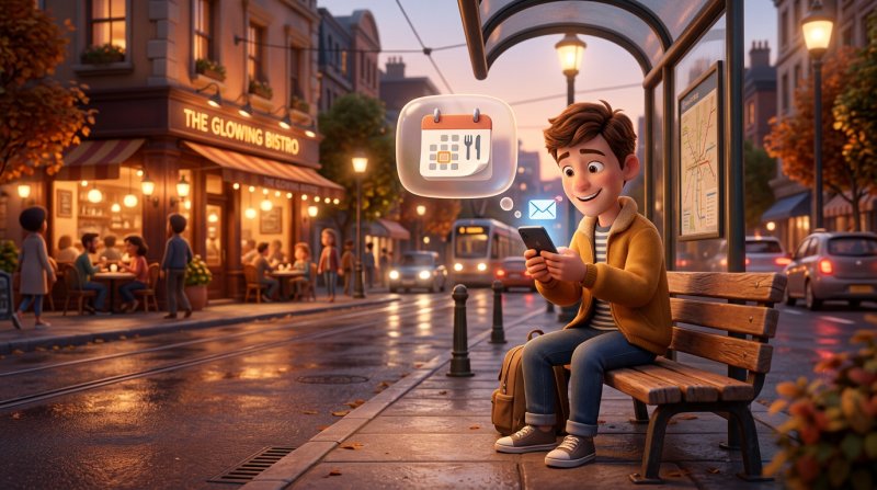 Diner reading a reminder email on his smartphone at a bus stop in the early evening, a restaurant glowing across the street