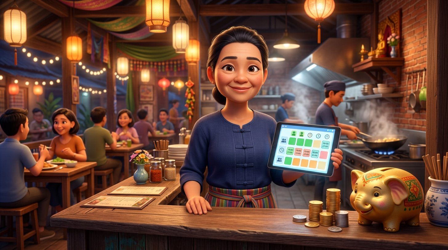 เจ้าของร้านอาหารไทยยิ้มถือแท็บเล็ตแสดงปฏิทินการจอง มีกระปุกออมสินและเหรียญวางอยู่บนเคาน์เตอร์