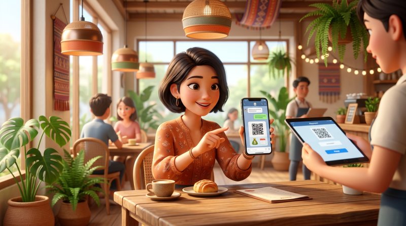 ลูกค้าถือสมาร์ตโฟนแสดงห้องแชตที่มี QR Code ชำระมัดจำจากร้านอาหาร