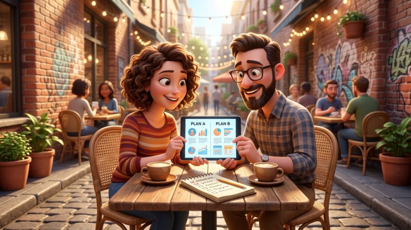 Two restaurant managers on a sunny Melbourne laneway terrace comparing booking system pricing plans on a tablet over coffee
