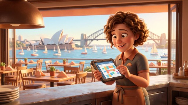 Australian restaurant owner checking a fully booked calendar on a tablet in her harbourside venue, with Sydney Harbour and sailboats visible through the windows