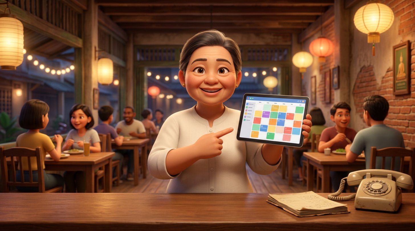 เจ้าของร้านอาหารไทยยิ้มขณะดูปฏิทินการจองที่เต็มบนแท็บเล็ต โดยมีสมุดจดและโทรศัพท์วางอยู่ข้าง ๆ บนเคาน์เตอร์