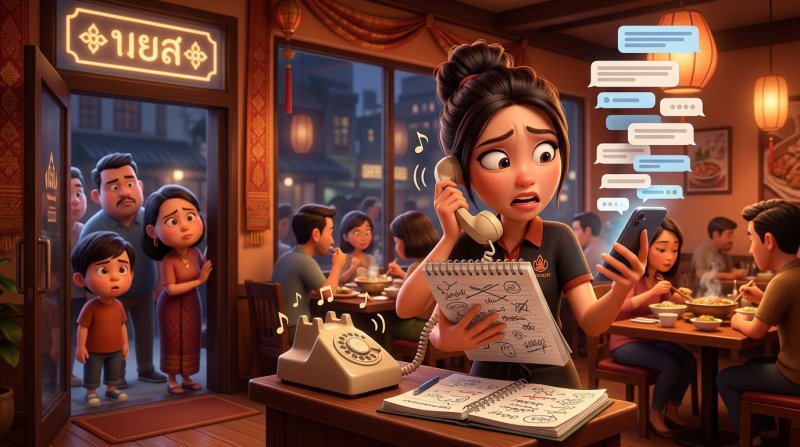 พนักงานร้านอาหารไทยกำลังวุ่นกับโทรศัพท์ที่ดังไม่หยุด สมุดจองที่เต็มไปด้วยรอยขีดฆ่า และแชตที่ตอบไม่ทันช่วงบริการมื้อเย็น