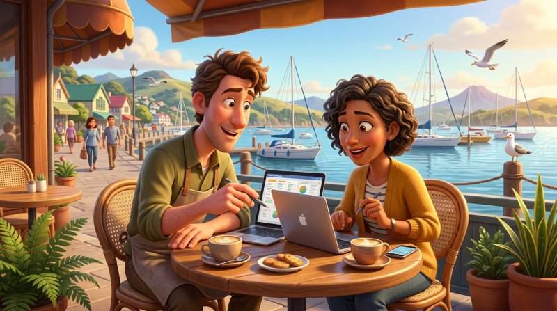Two restaurant managers comparing booking system options on a laptop at a sunny cafe table on a New Zealand waterfront